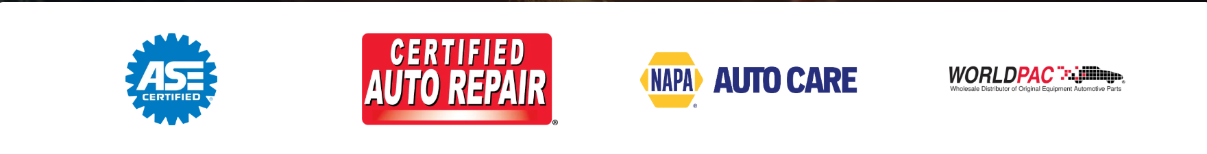 ASE Certified, Certified Auto Repair, NAPA Auto Care, and WORLD PAC automotive partner badges