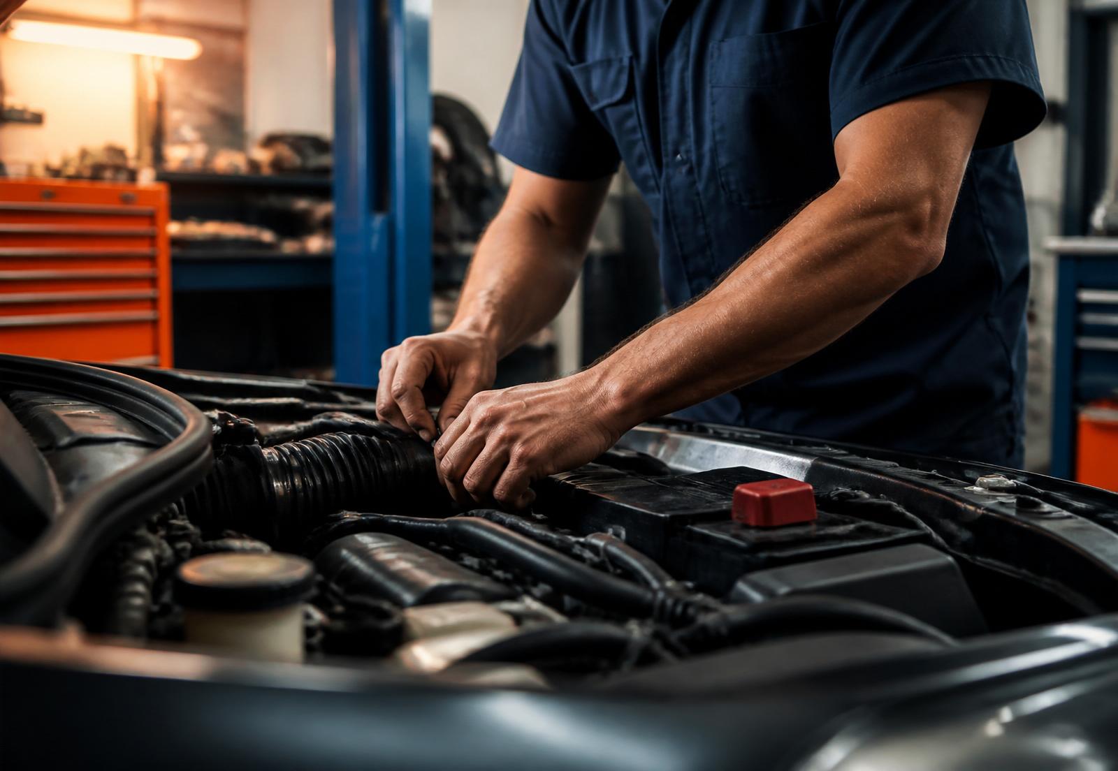 Technician performing an engine inspection at All Roads Auto